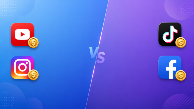 Four social media app icons with dollar signs showing platform monetization comparison for creators