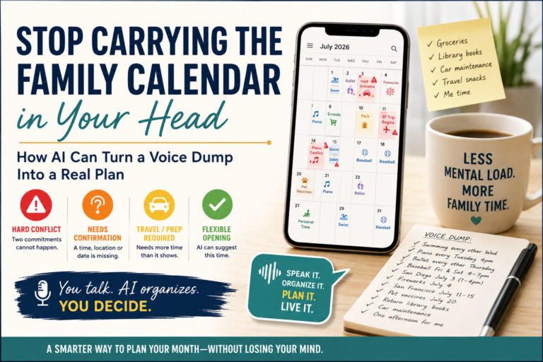 AI family calendar showing color-coded conflicts, travel, children’s activities, errands and personal time organized from a voice-to-text schedule.