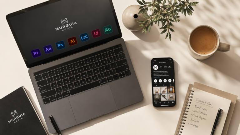 Laptop and phone with content creation apps representing free tools for beginner creators