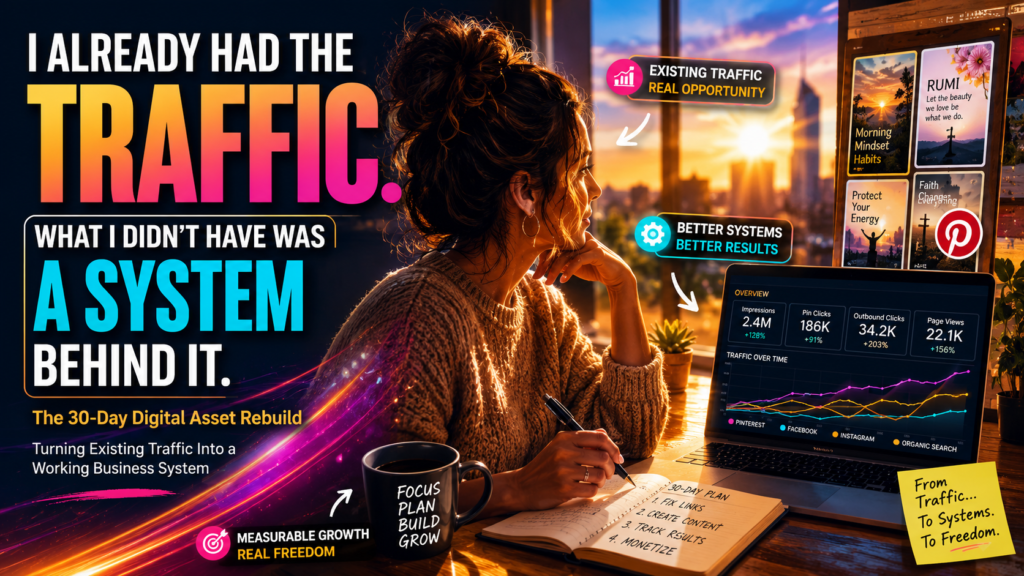 Colorful 16:9 featured image for Murguia Media showing a digital asset rebuild concept with analytics, Pinterest-style visuals, growth charts, and bold text about rebuilding online traffic and content systems.