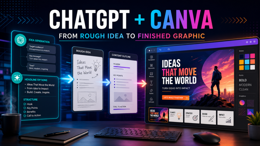 Professional 16:9 graphic showing a ChatGPT-to-Canva creative workflow, moving from idea generation and content structure to a finished visual design.