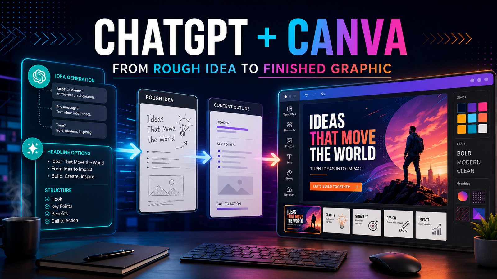 Professional 16:9 graphic showing a ChatGPT-to-Canva creative workflow, moving from idea generation and content structure to a finished visual design.