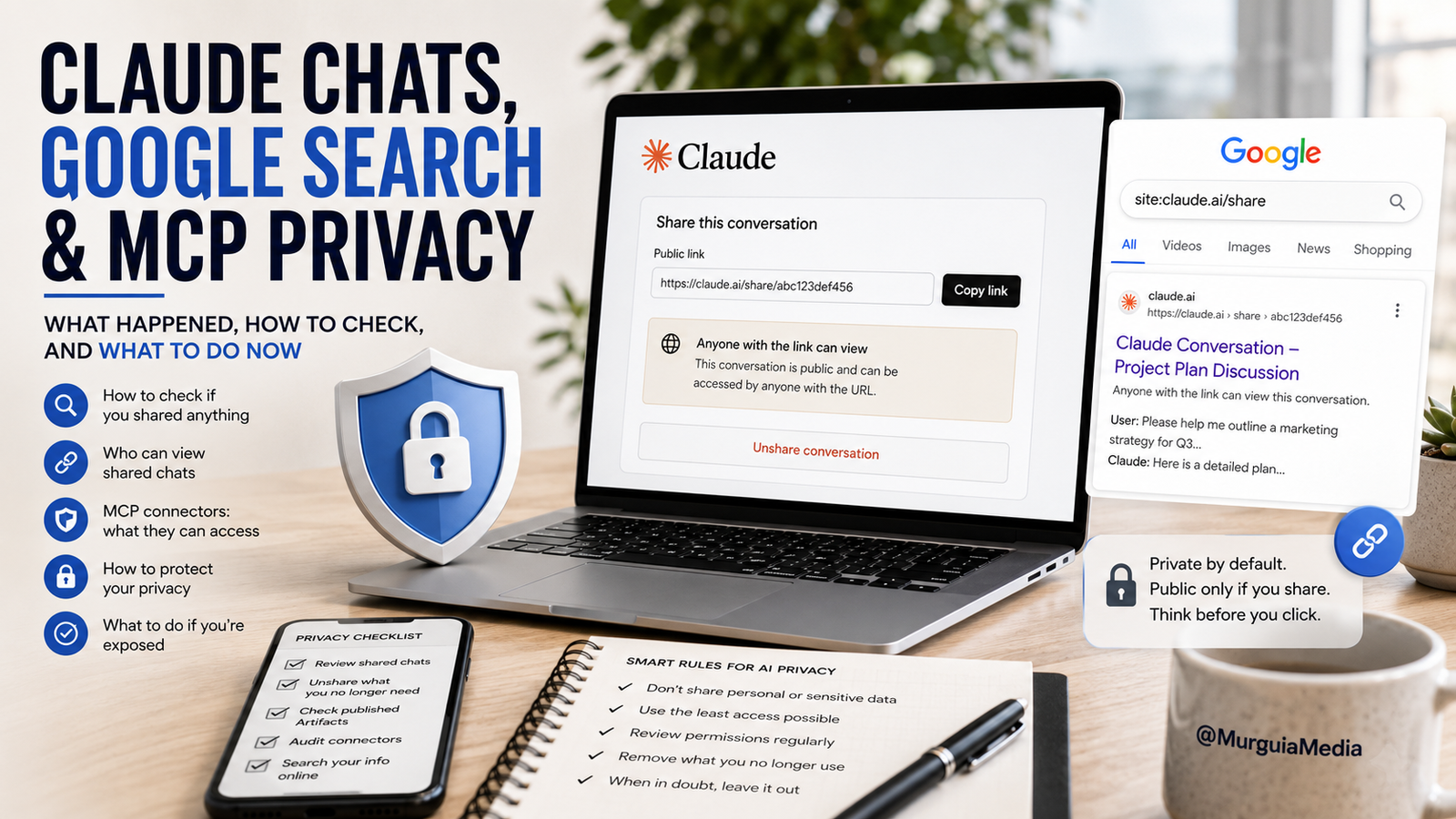 Laptop displaying a public Claude share link beside a Google search result, illustrating how to check whether shared Claude chats are publicly accessible.