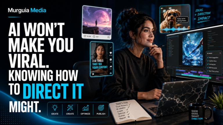 Content creator using AI tools to design social media images, videos, and viral content for Murguia Media.