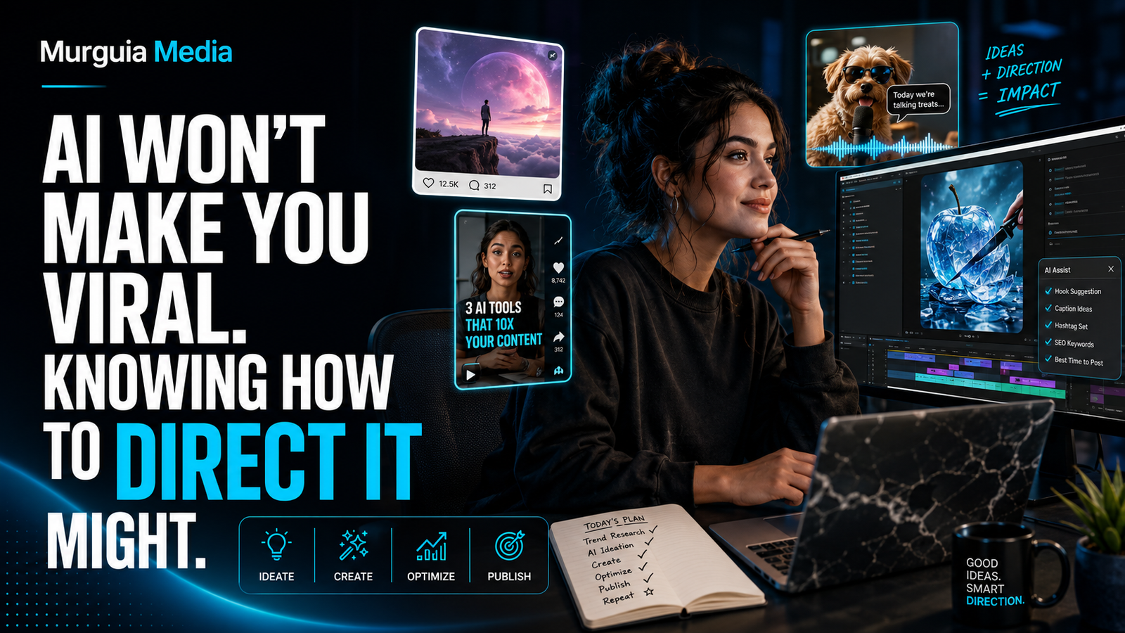Content creator using AI tools to design social media images, videos, and viral content for Murguia Media.