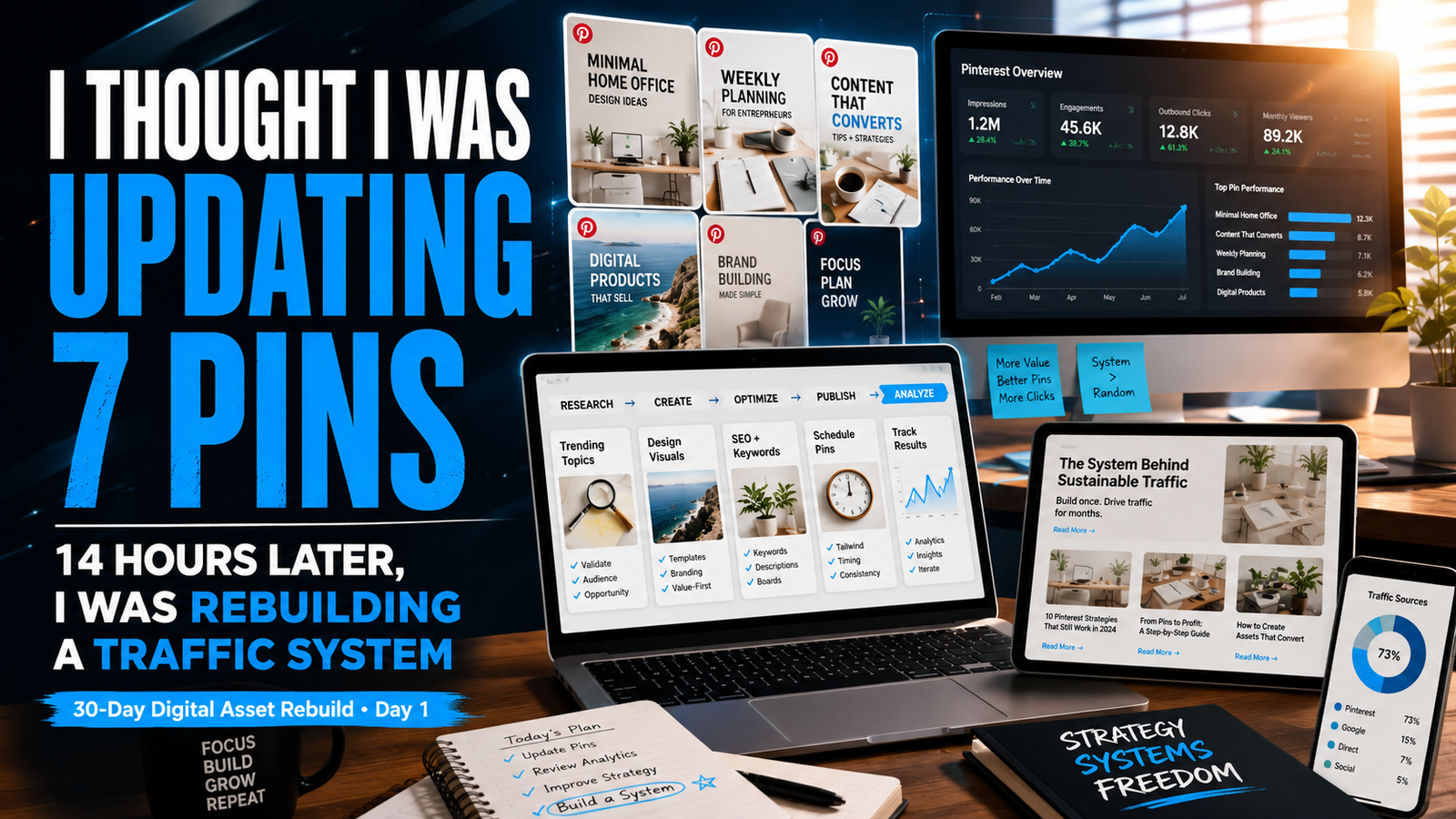 Murguia Media featured image showing a digital workspace with Pinterest analytics, multiple Pins, laptops, workflow screens, and the headline about spending 14 hours rebuilding a traffic system after planning to update seven Pins.