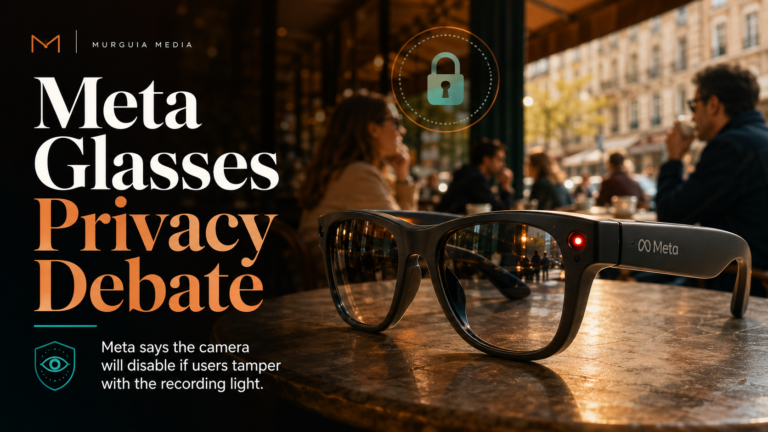 Meta smart glasses with an illuminated recording indicator displayed in a public setting as people discuss privacy and secret recording concerns.