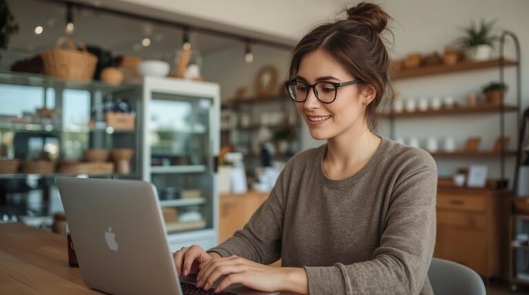 Small business owner using AI tools on a laptop in their shop
