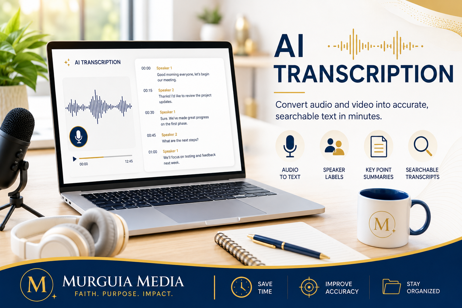 AI transcription software converting spoken audio into editable text on a computer screen.
