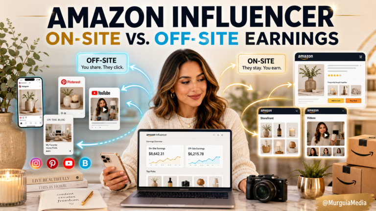 Amazon Influencer creator comparing on-site and off-site earnings through social media affiliate links, an Amazon storefront, and shoppable product videos.