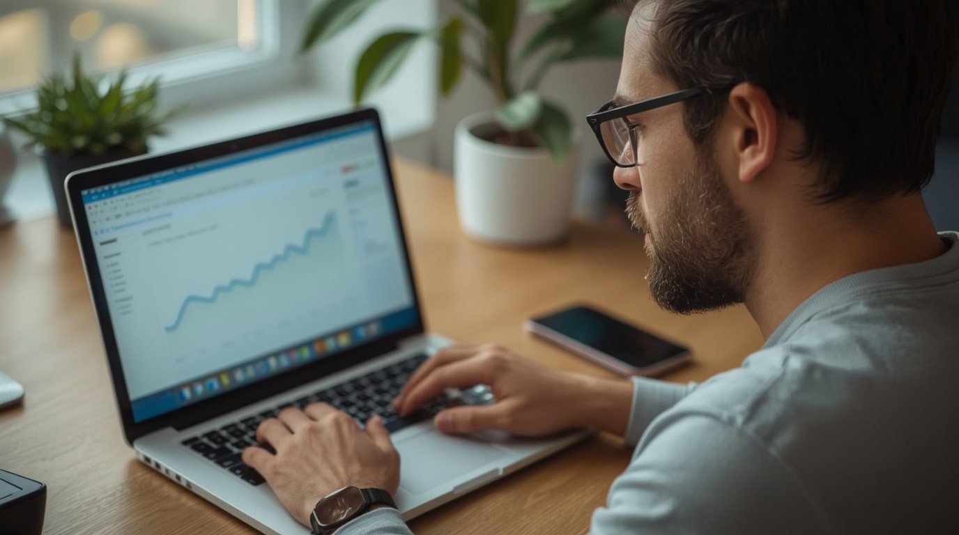 Website owner reviewing search traffic data on a laptop