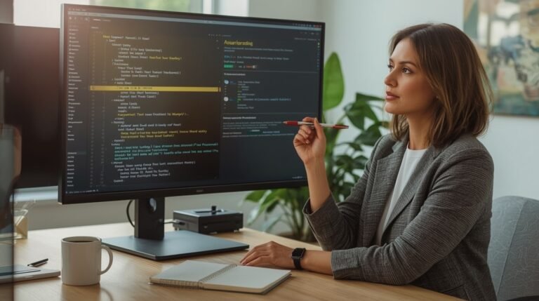 Content creator editing AI-generated text on a laptop