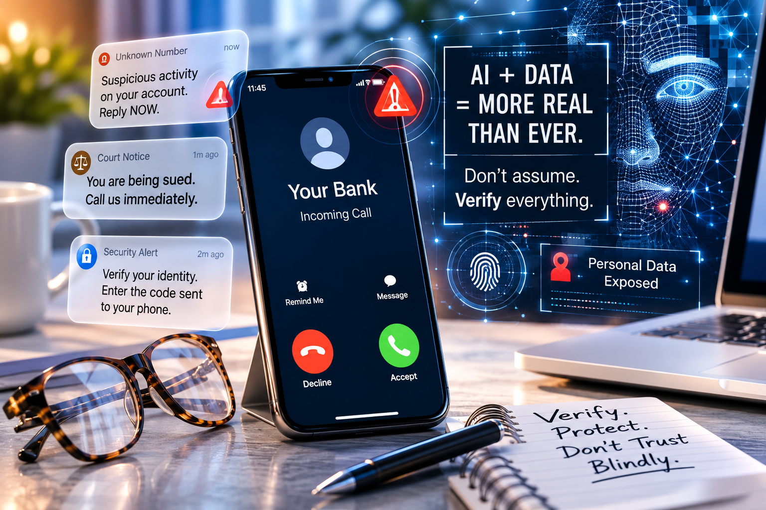 Smartphone showing a suspicious bank call beside AI scam and cybersecurity warnings about fraud and identity verification.