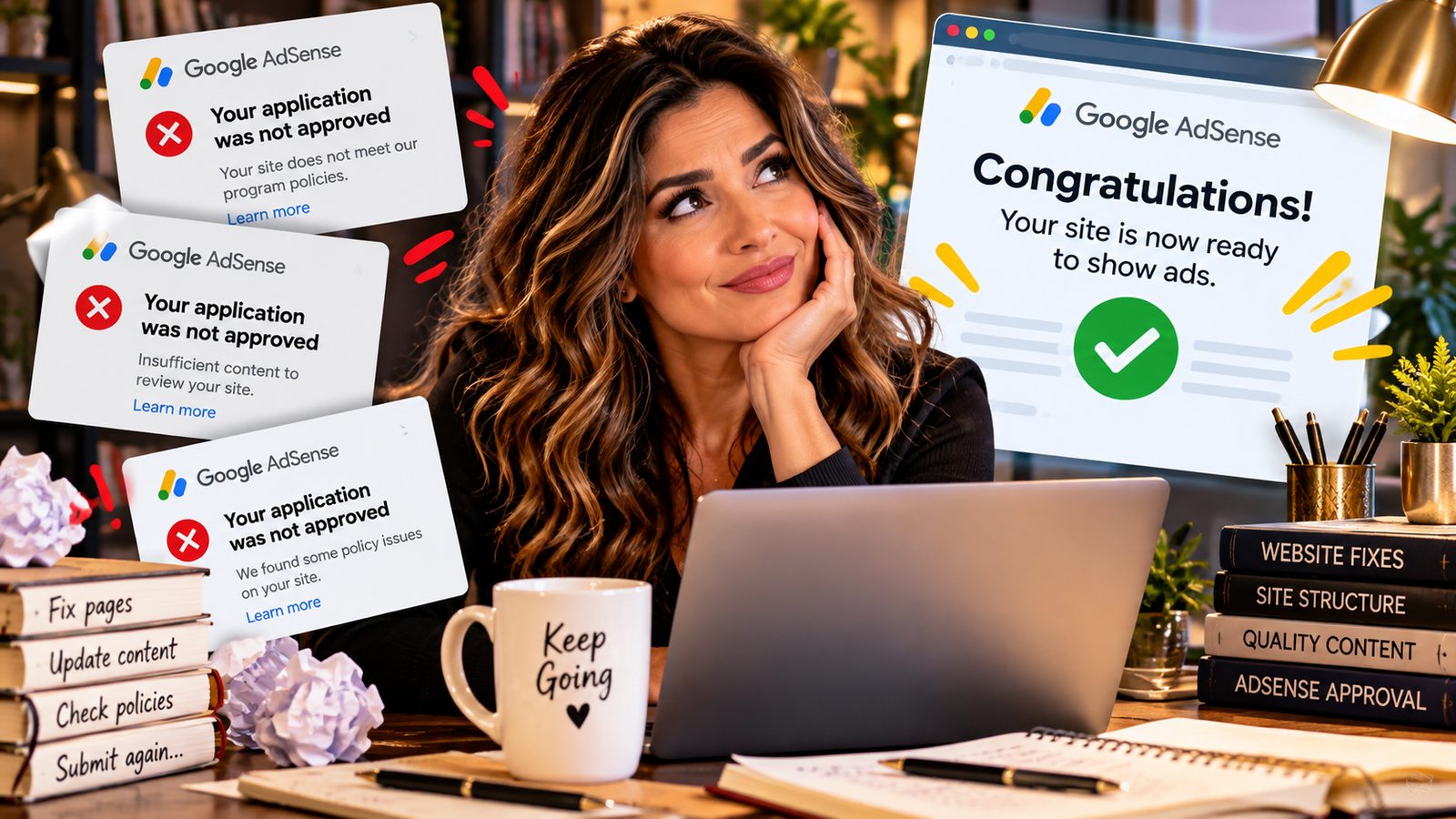 Woman working on her website after multiple Google AdSense rejections, finally receiving an approval message