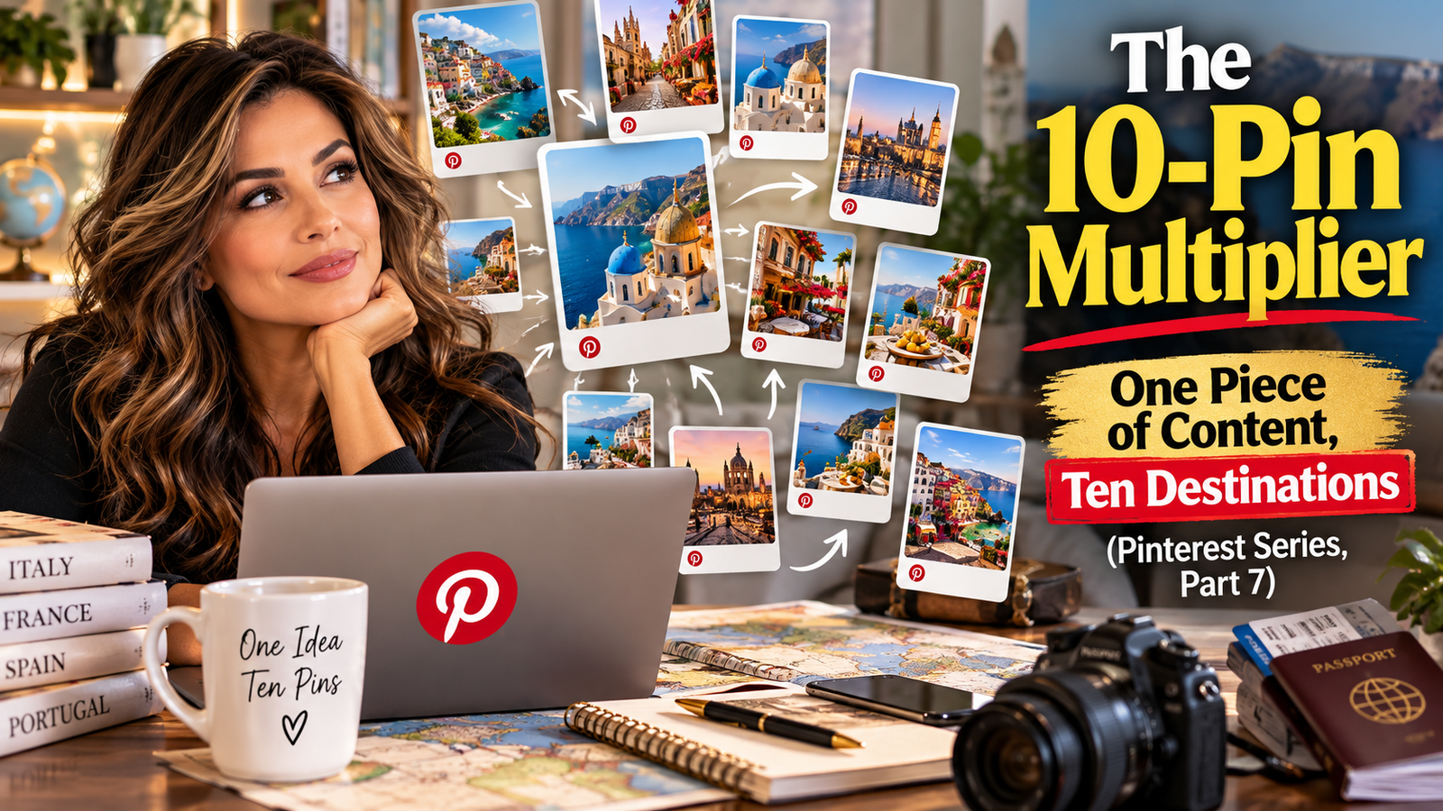 Woman creating multiple Pinterest pins from one piece of content with travel images and destination ideas